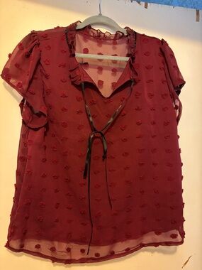 Womens Burgundy Swiss Dot Tie-Neck Blouse